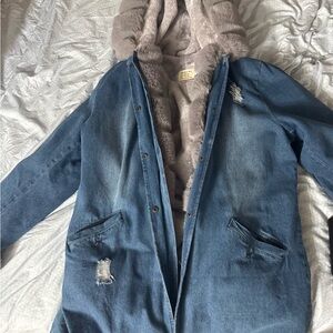 Zara Distressed Blue Denim Jacket with Faux Fur Lining